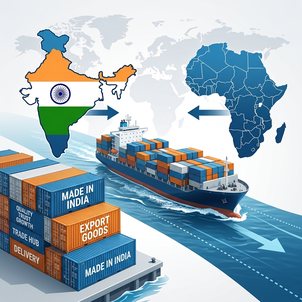 Conseil en Exportation de l'Inde vers l'Afrique - Navire cargo, conteneurs, cartes de l'Inde et de l'Afrique